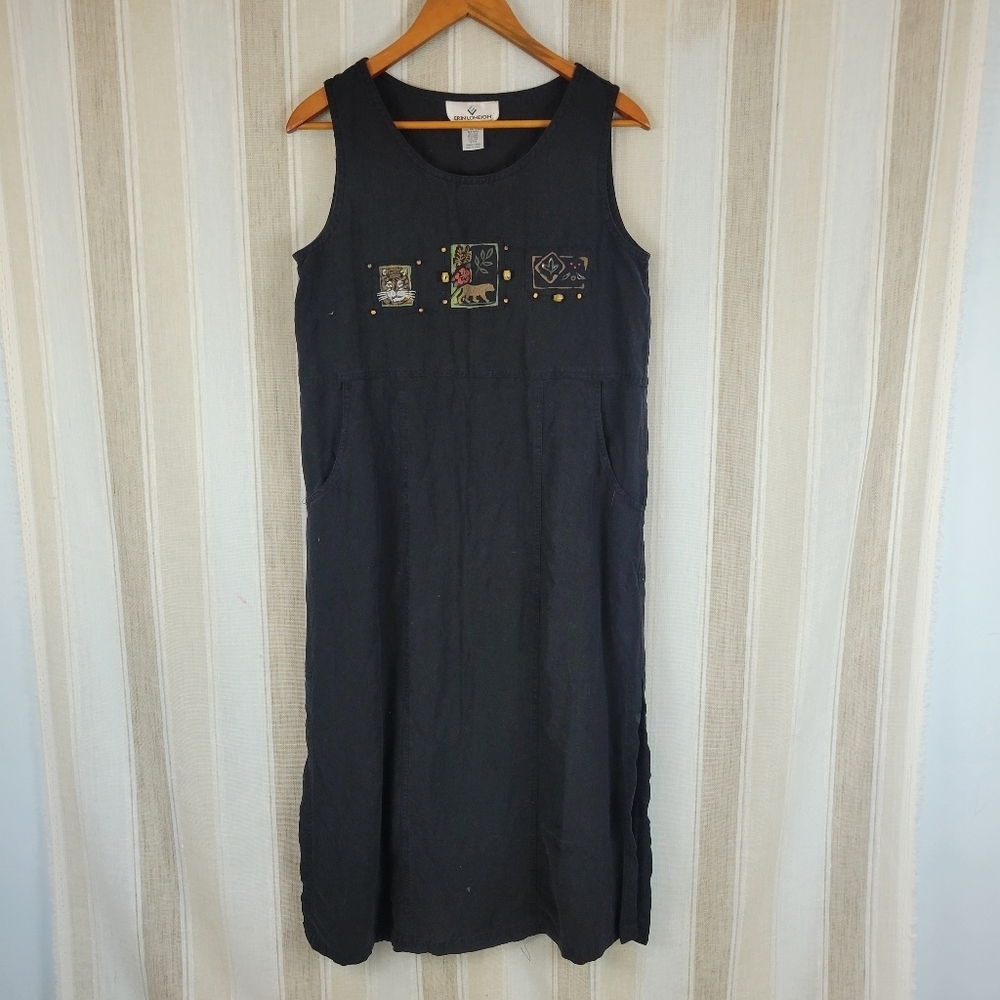 Vintage Erin London Silk Linen Midi Dress‎ Black Size Small Lagenlook Safari